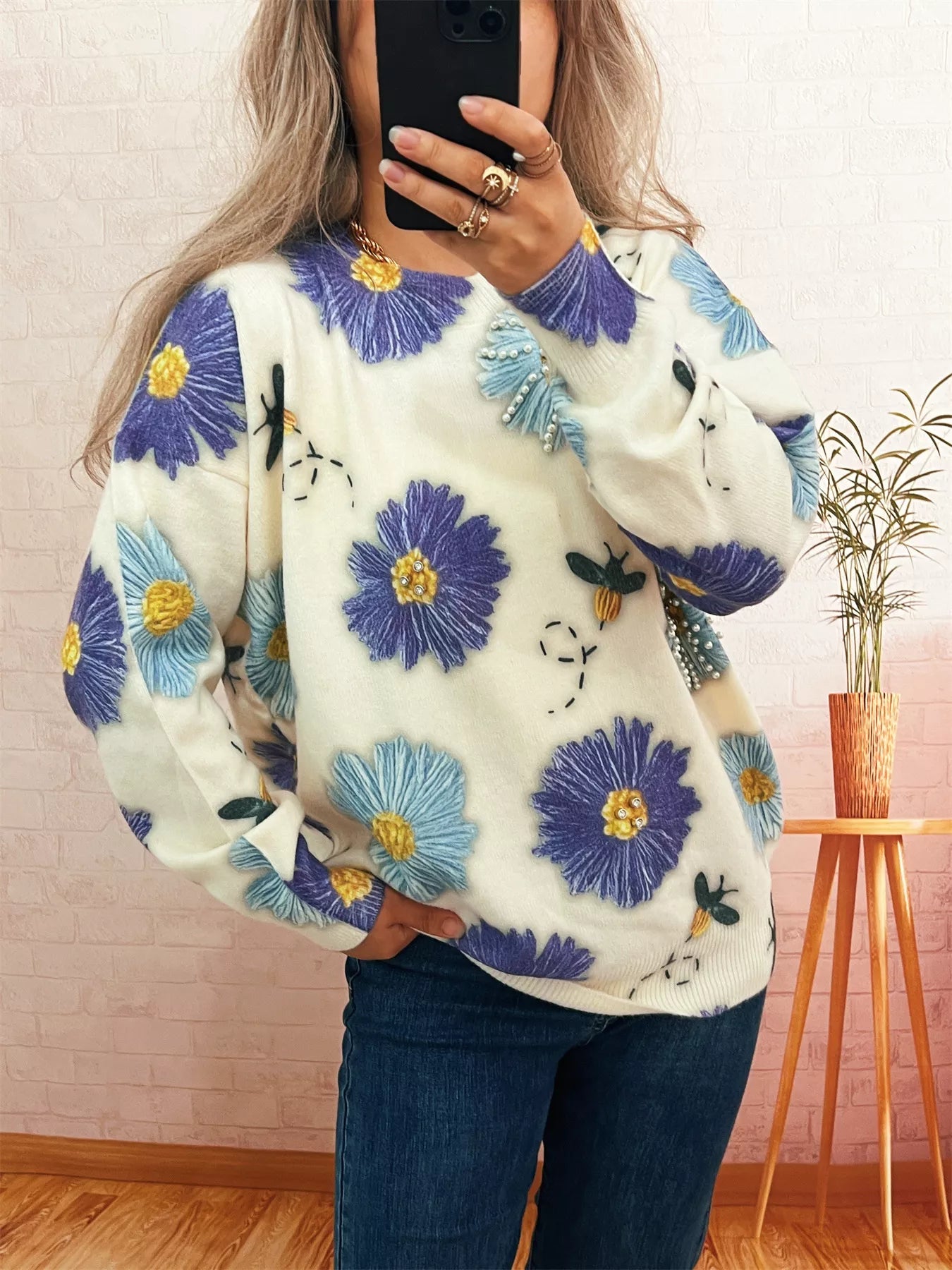 Women's Sweater Pearl Detail Flower Embroidered Round Neck Knit Pullover 8d8deb6b8419412c87d8108052b2cf4c-Max-Origin Trendsi