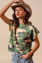 SO ME Camouflage Print T-shirt Dolman Soft Sweater Short Sleeve Top 8d9bcc3647e742a387608f8451f221bc-Max-Origin Trendsi