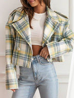 Plaid Cropped Women's Jacket Lapel Collar Single Breasted Long Sleeve Outwear 8d9e8510-cfdf-4dc2-bd61-9da256320bf1-Min Trendsi