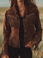Vintage Suede Fringe Western-Style Buttoned Jacket with Lined Polyester Body