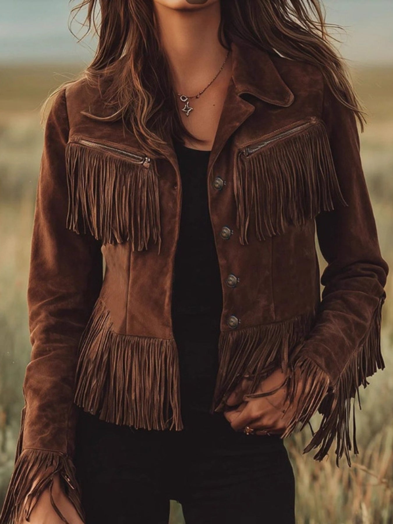 Vintage Suede Fringe Western-Style Buttoned Jacket with Lined Polyester Body