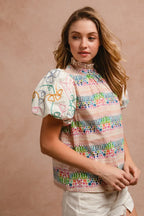 BiBi Blouse Multicolor Ruffle Neckline With Embroidery Bubble Short Sleeve Top 8da38fd245a746c3bf58edcfc9797432-Max-Origin Trendsi