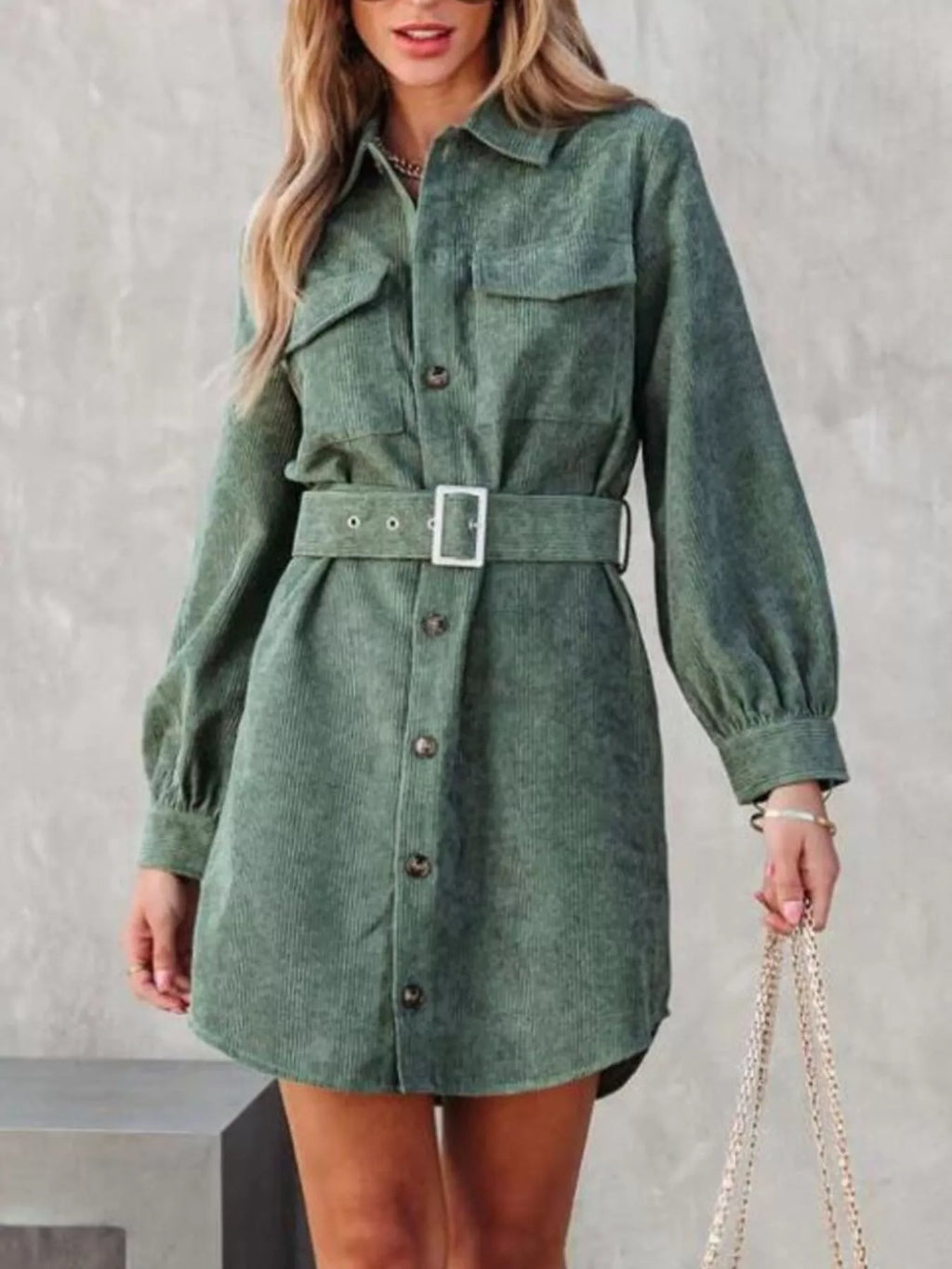 Corduroy Mini Shirt Dress Button Front Belt Long Sleeve 8da4d7eb-80ab-407f-b8b4-7600185a4965-Max-Origin Trendsi