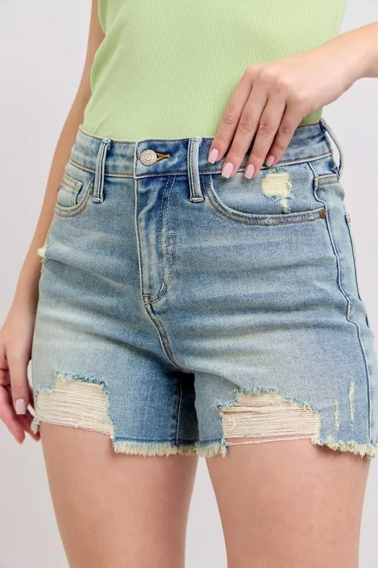 Judy Blue Denim Shorts High Rise Washed Fly Stitch Detail and Destroy MD 8da4fce427594da0945fa290bc2a5cb7-Max-Origin Trendsi