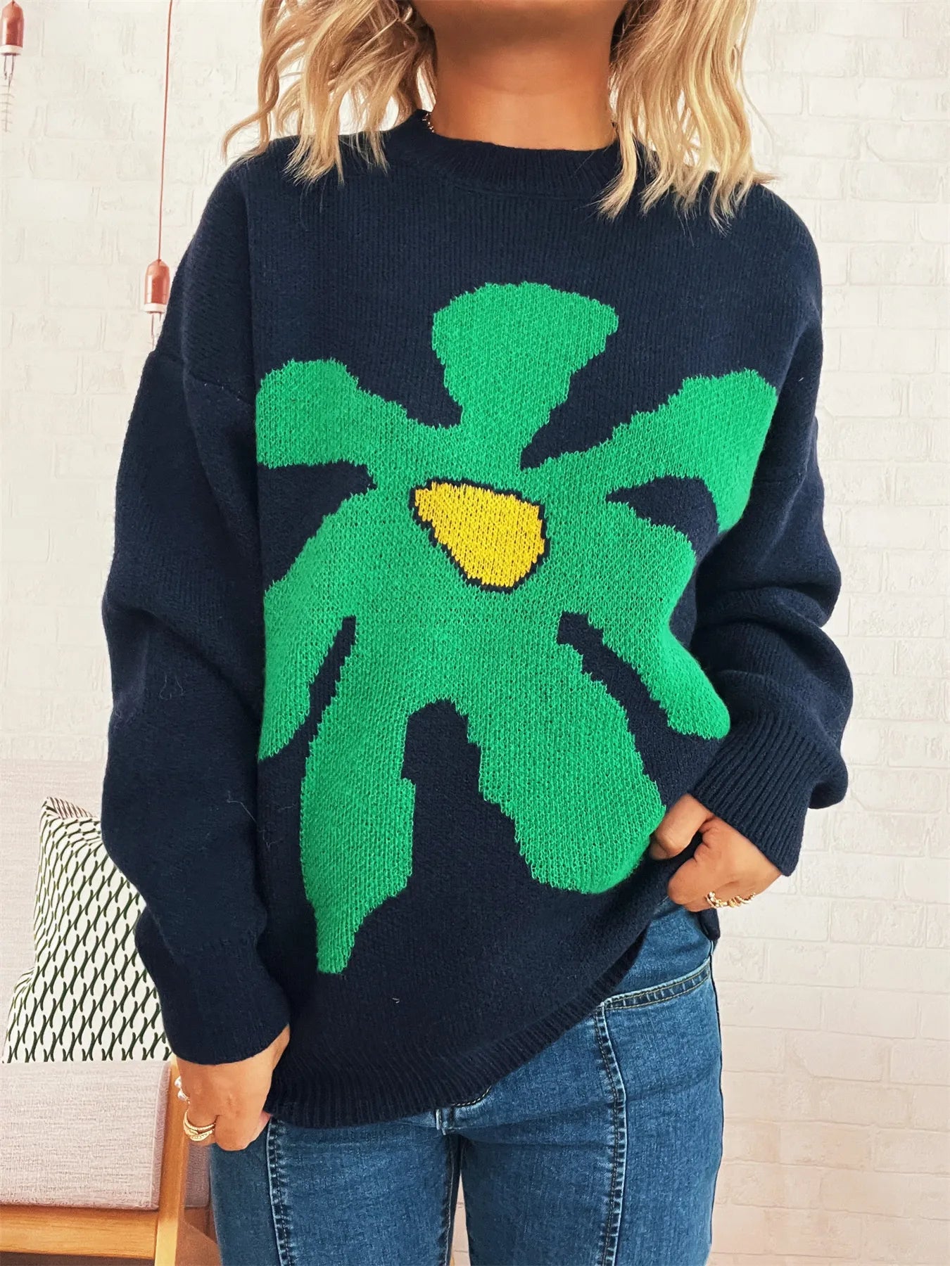 Women's Sweater Flower Dropped Shoulder Knit Long Sleeve Pullover 8dac9da47a2a4811bf0812e835a0205f-Max-Origin Trendsi