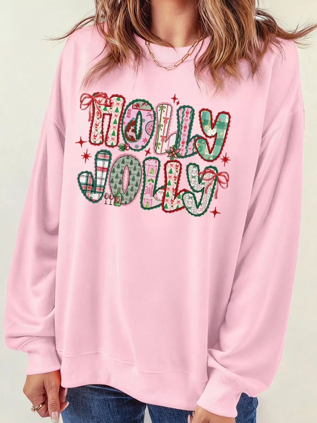 HOLLY JOLLY Women's Sweatshirt Pink Cute Holiday Graphic Print Top 8dae902221884130b804708fa45ef2b4-Max-Origin Trendsi