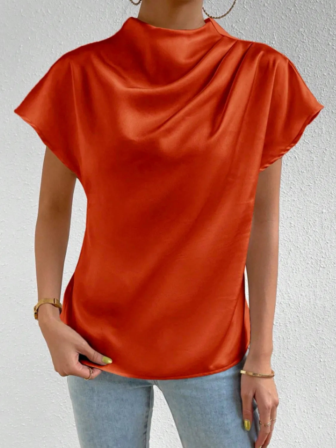 Satin Blouse Mock Neck Pleated Short Sleeve Basic Style Top 8daff757-36e2-4215-ac62-0fbb91a36f11-Max-Origin Trendsi