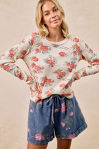 BiBi Womens Knit Top Floral Print Washed Waffle Thermal Blouse 8db11e22552348ca8a01eacf2ef76c77-Max-Origin Trendsi