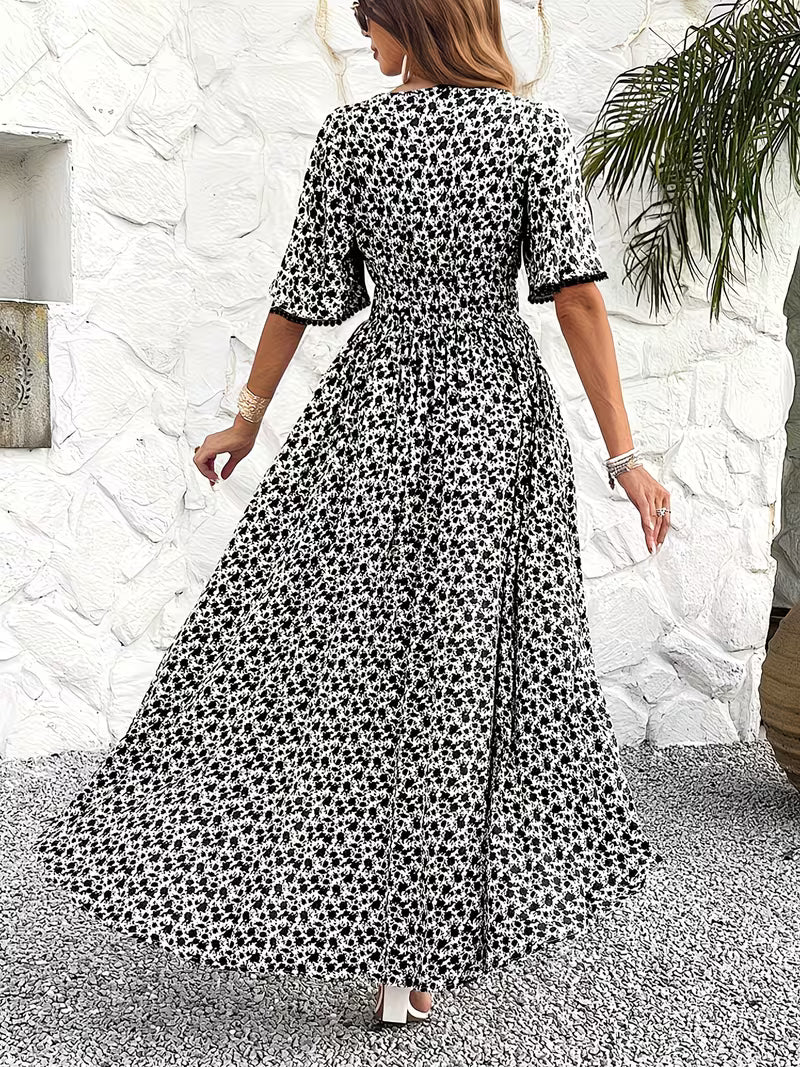 Women's Floral Midi Dress V-Neck Ruffle Short Sleeve Summer Fashion