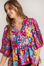 Umgee Blouse Floral Print Colorful Tie Neck Peplum Top Half Sleeve MULBERRY MIX 8dc510b7-19ce-450e-b034-98332cb98302-Max Trendsi