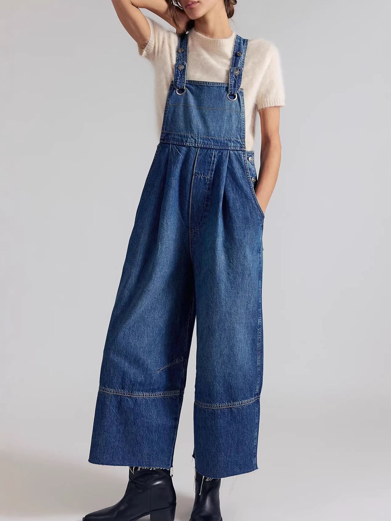Raw Hem Wide-Leg Denim Overalls