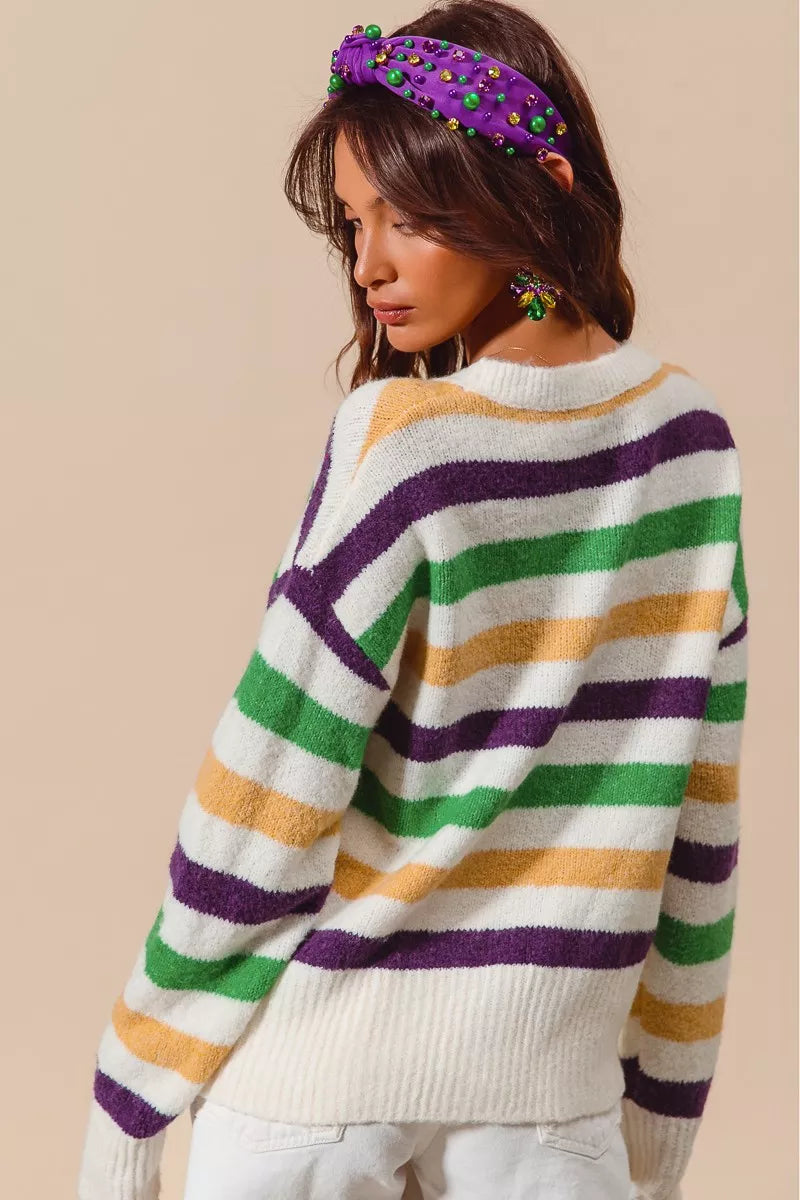 SO ME Sweater Knit Ivory Mardi Gras Color Stripe Long Sleeve Top 8dcc847ac08f470eb242409c2ebfe737-Max-Origin Trendsi
