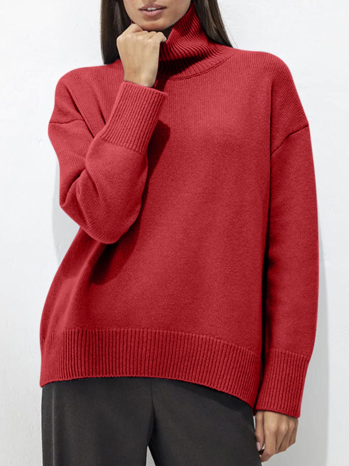 Ribbed Women Sweater Turtleneck Long Sleeve Soft Acrylic Loose Basic Pullover Deep Red One Size 8dd324e0-b2f8-499d-b6a3-bc823f381e08-Max Trendsi