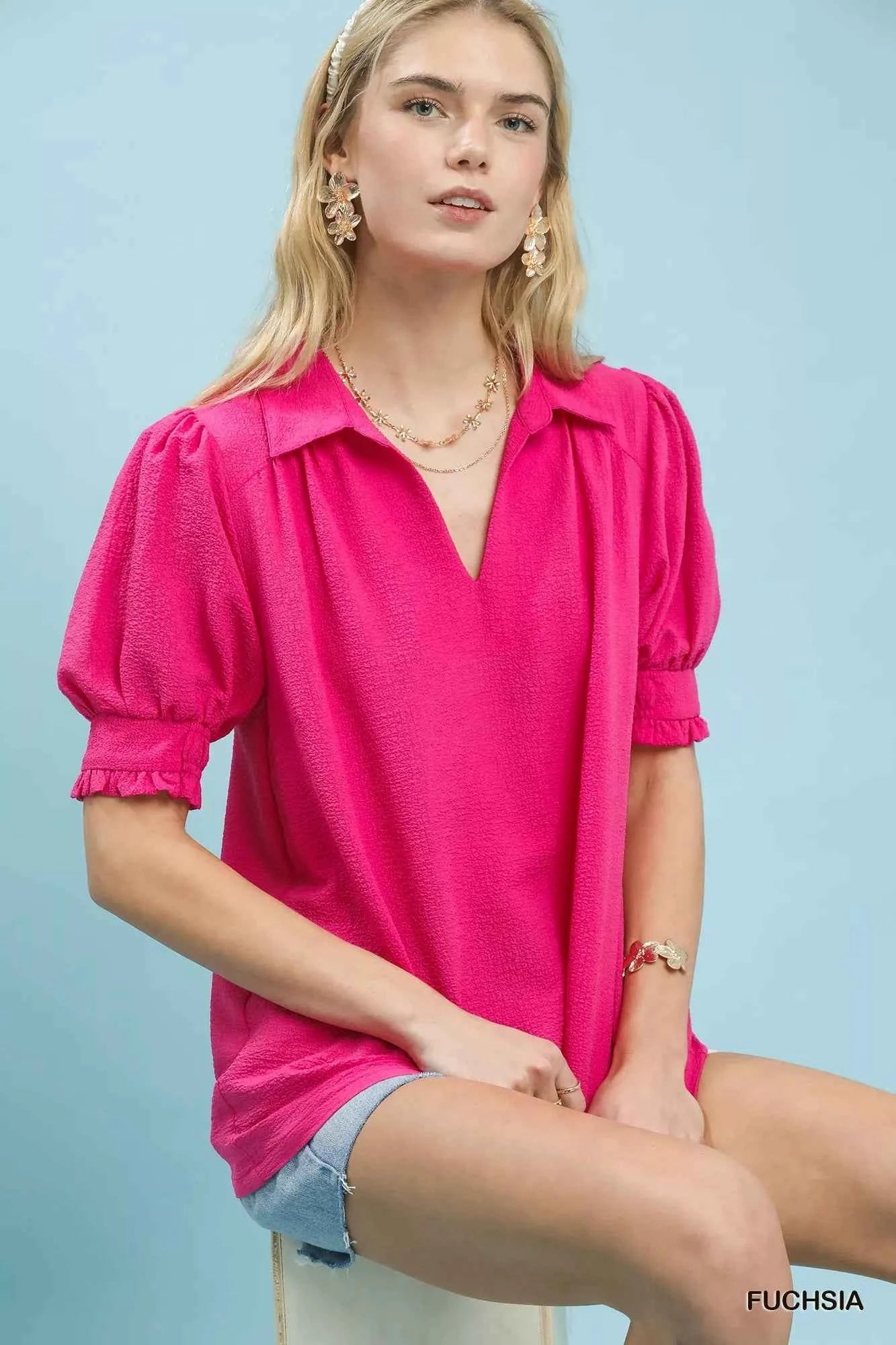 Umgee Seersucker Puff Sleeve Blouse