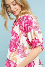 Umgee Womens Blouse Floral Cream Pink V-Neck Puff Short Sleeve Top 8dde5bd5-08f5-42fd-9292-83ef6aefa60b-Max-Origin Trendsi