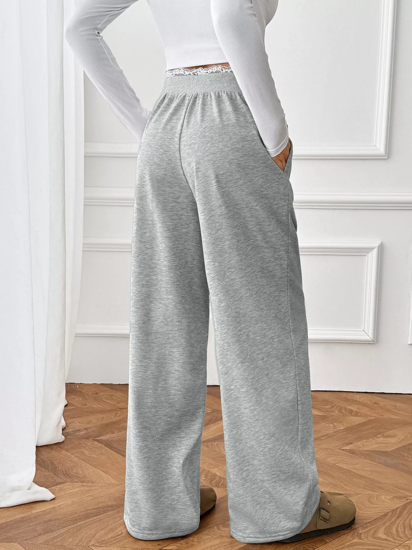Women's Joggers Gray Wide Leg Lace Waistband Detail Casual Pants 8de35f1ac03f43a483d6089928b29b33-Max-Origin Trendsi