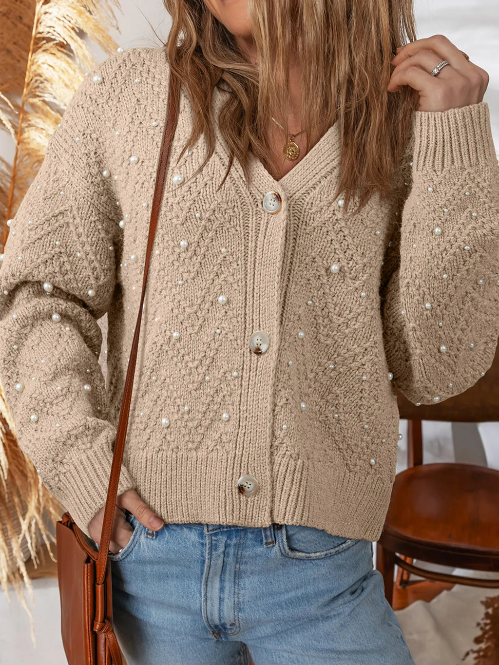 Sweater Women's Cardigan Pearl Embellished Button Front V Neck Khaki Khaki 8de48dfc69714a519501e908711f0cea-Max-Origin Trendsi