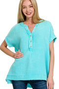 Zenana Top Sky Washed Double Gauze Half Button Henley Neck Shirt Blouse MINT SKY 8de4978e-b220-4240-adfc-db385f04be0e-Max-Origin Trendsi