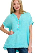 Zenana Top Sky Washed Double Gauze Half Button Henley Neck Shirt Blouse MINT SKY 8de4978e-b220-4240-adfc-db385f04be0e-Max-Origin Trendsi