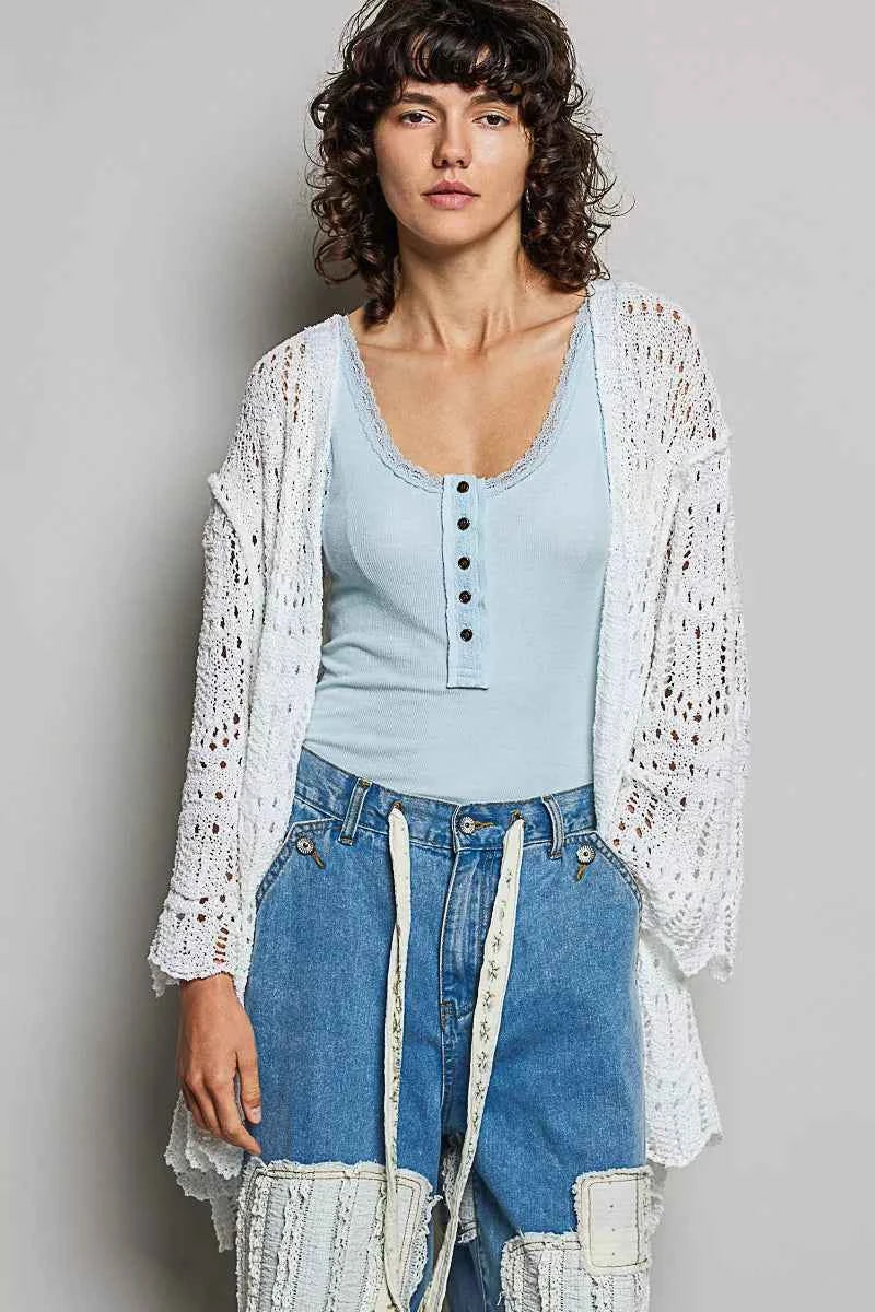 POL Openwork Lightweight Open Front Cardigan with Scalloped Edge