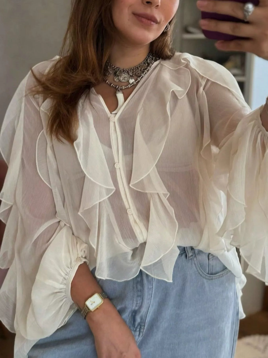 Womens Blouse Ruffled Layered Sheer Long Sleeve Top Beige 8de80e66-c069-4528-a6d9-fd4557eb7691-Max-Origin Trendsi