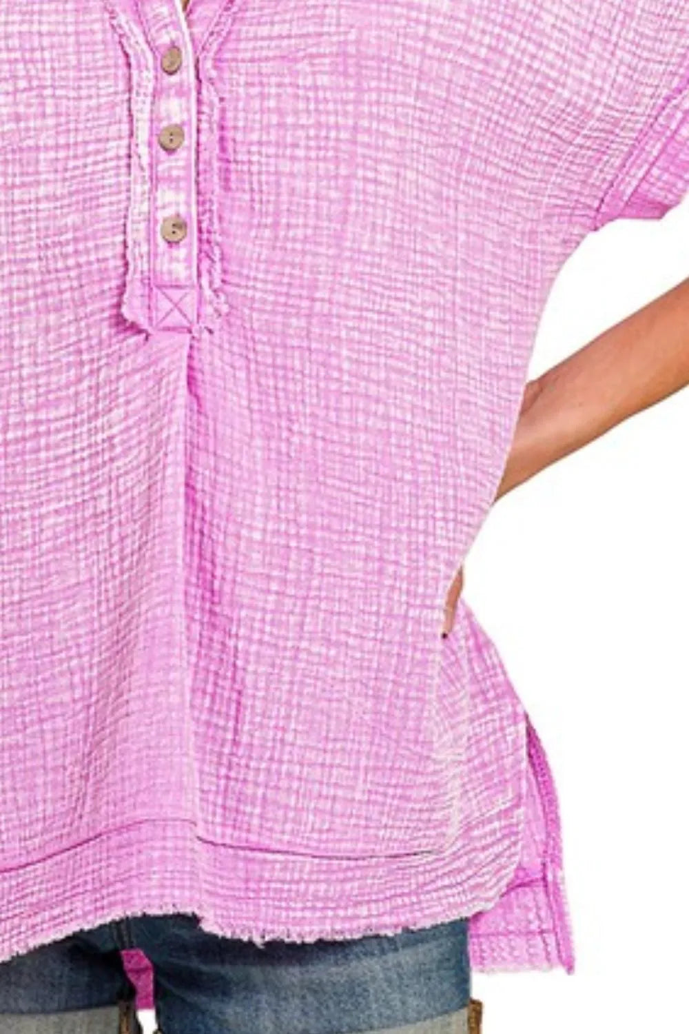 Zenana Top Washed Double Gauze Half Button Henley Neck Shirt Blouse 8e0f476f-5a52-4289-a870-901cea9c8d45-Max-Origin Trendsi