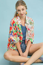 Umgee Womens Shirt Orange Mixed Floral Oversized 3/4 Sleeve Top 8e13d6ef-5138-440c-9501-f848b1fef56c-Max-Origin Trendsi