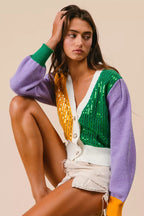BiBi Sequin Sweater Cardigan Mardi Gras Color Block Buttoned Long Sleeve 8e165e63d43b48bdb6070d409087d034-Max-Origin Trendsi
