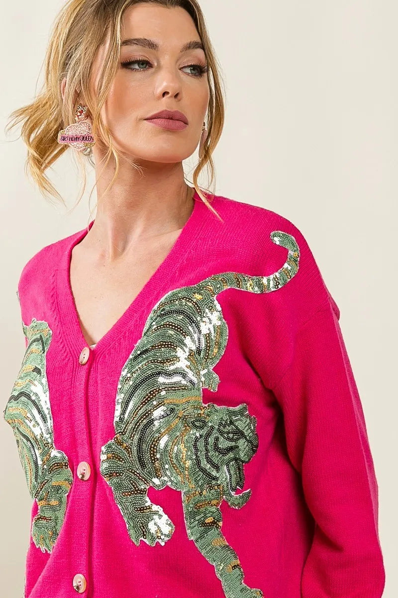 BiBi Cardigan Front Tiger Sequin Patch V-neck Fuchsia Pink Buttoned