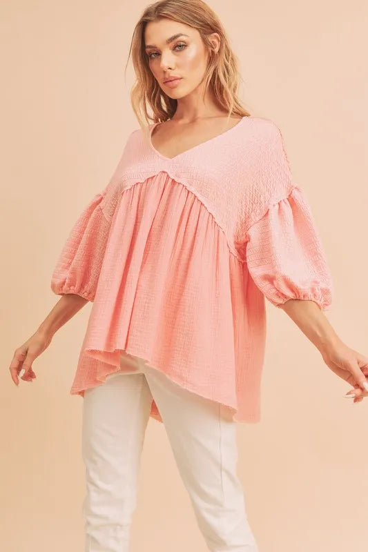 Aemi + Co Blouse Oversized High-Low Frayed Hem V-Neck Half Sleeve 8e29eff2-223b-4192-8f03-273829ae1c71-Max-Origin Trendsi