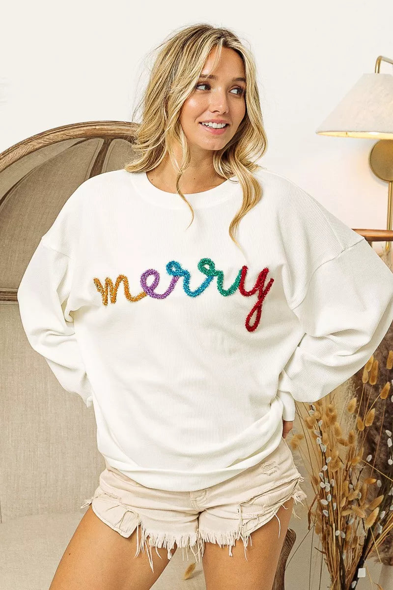 BiBi Sweatshirt White Merry Tinsel Lettering Drop Shoulder Pullover 8e304becd56748968af1a05676204032-Max-Origin Trendsi