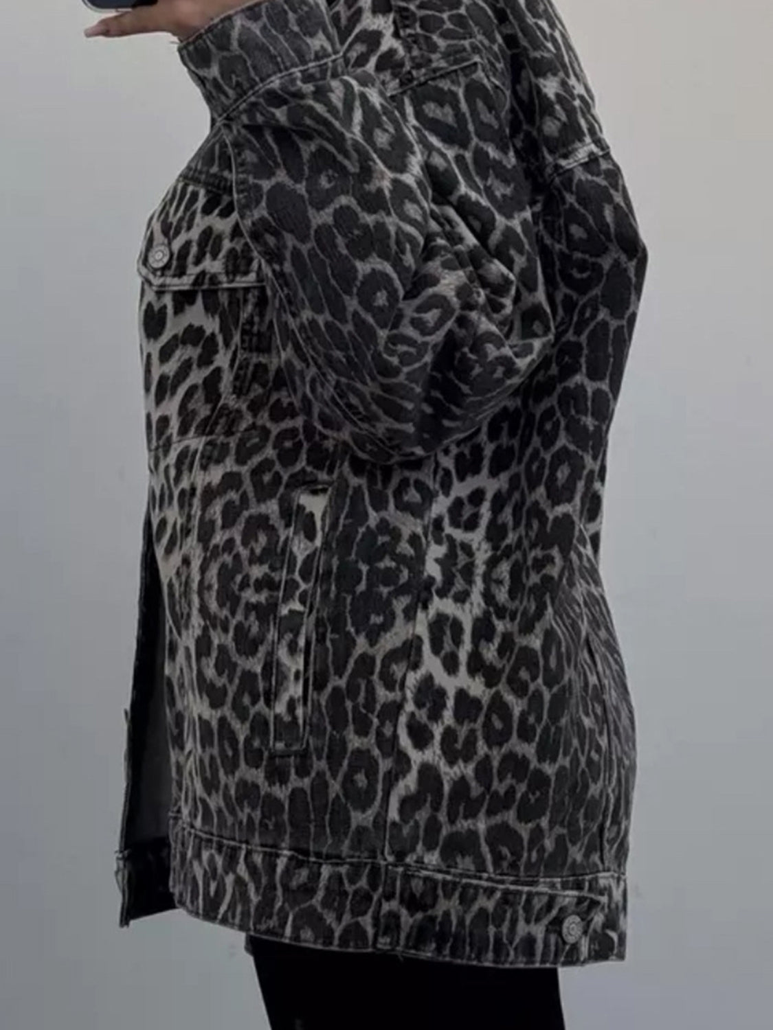 Leopard Denim Shirt Cotton Women Button Up Long Sleeve Top