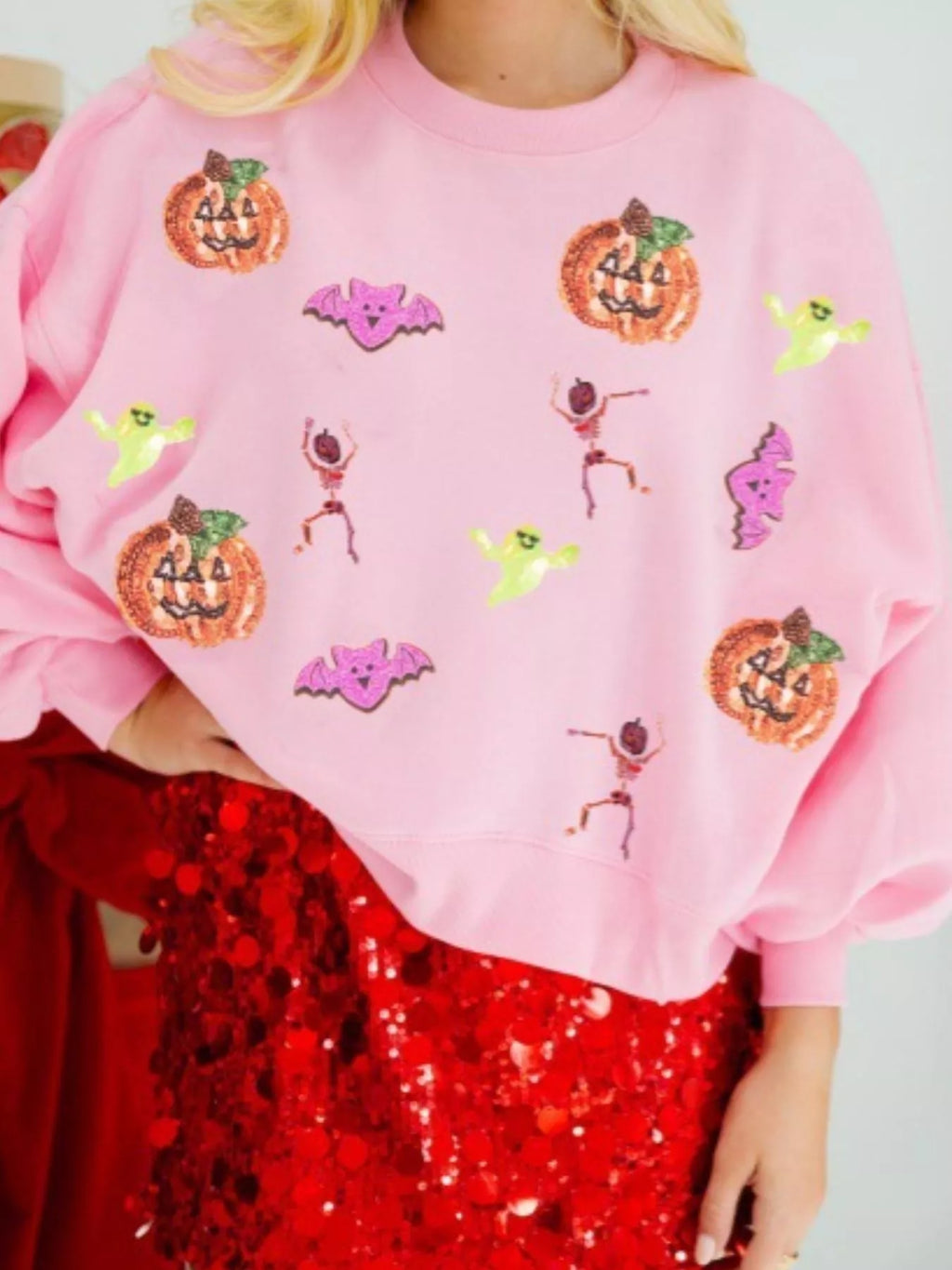 Halloween Women's Sweatshirt Sequin Round Neck Long Sleeve Pullover Blush Pink 8e36f9d1-48b4-40d7-acfb-812e9dc7cb2c-Max-Origin Trendsi