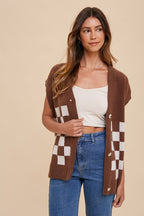 Women's Cardigan Dark Brown Annie Wear Checkered Button Down Short Sleeve 8e3884e3-fa90-4157-bba3-2d92eb7dc5d8-Max Trendsi