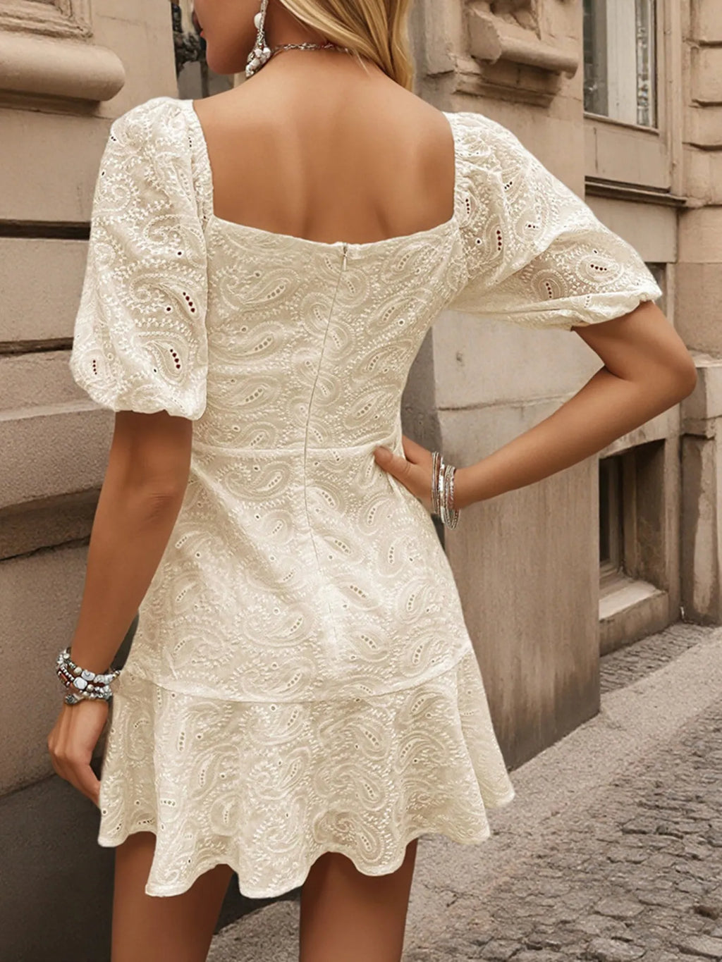 Mini Dress Apricot Eyelet Lace Embroidered Puff Short Sleeve Ruched 8e492464fd94490da581371f528e6588-Max-Origin Trendsi