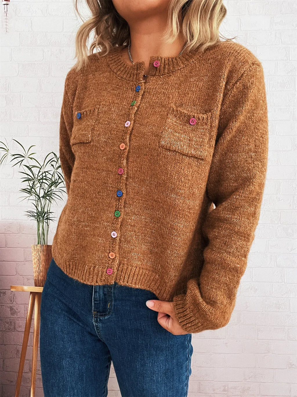 Women's Cardigan Colorful Button-Up Ribbed Hem with Chest Pocket 8e4ac81ecb55465dbce2fc286151c0d0-Max-Origin Trendsi