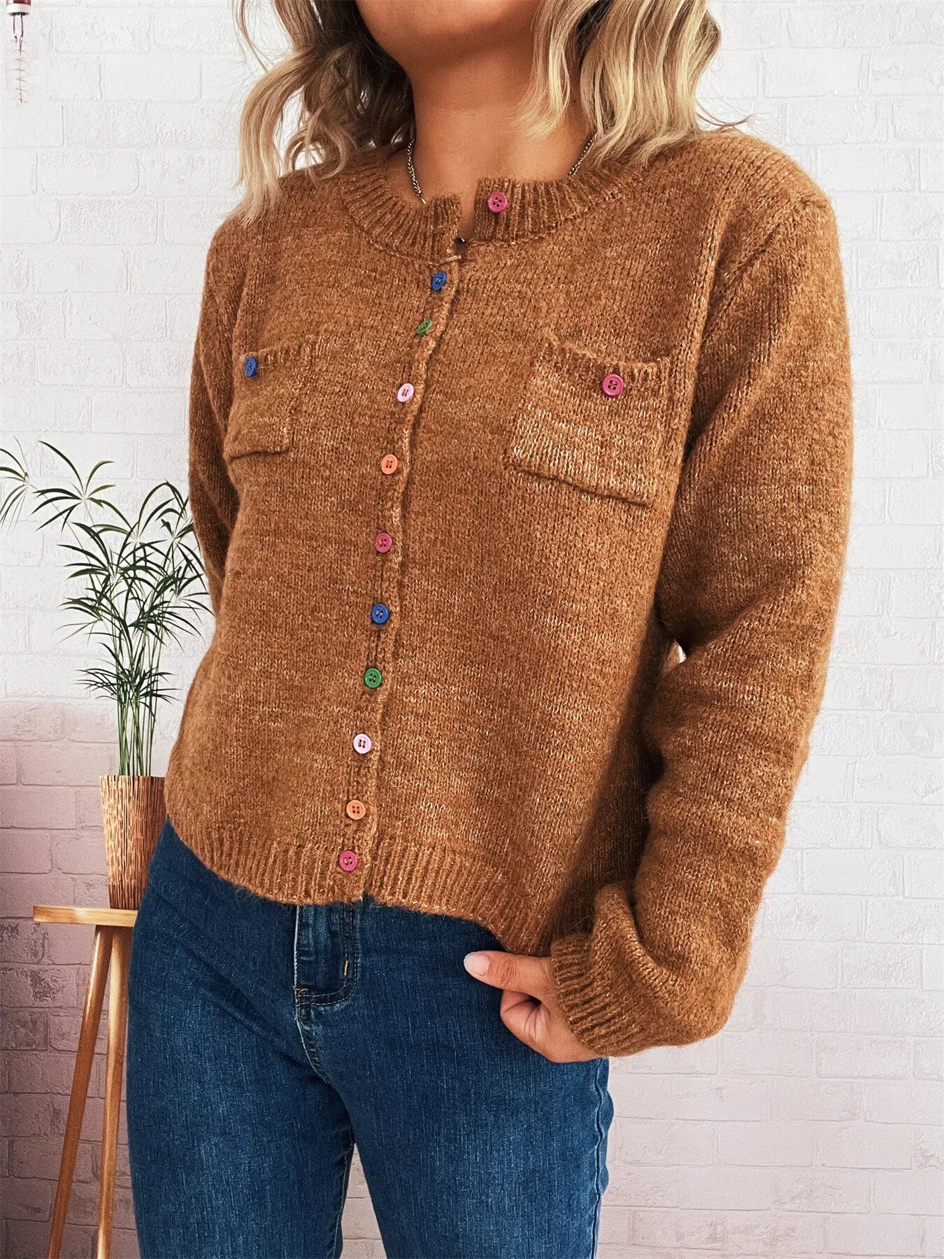 Women's Cardigan Colorful Button-Up Ribbed Hem with Chest Pocket 8e4ac81ecb55465dbce2fc286151c0d0-Max-Origin Trendsi