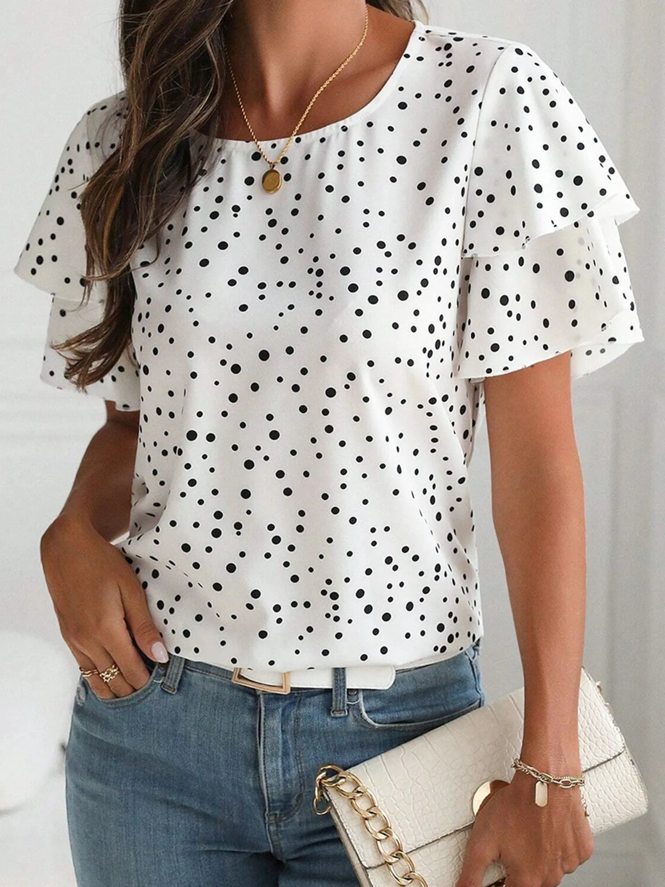 Women's Blouse Polka Dot White Layered Ruffled Short Sleeve Top 8e4bfbf94cb249a9999d09ed839df254-Max-Origin Trendsi