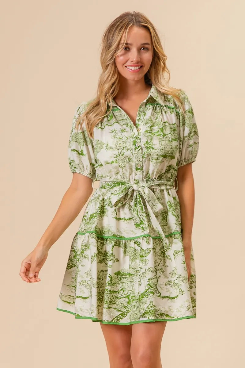 BiBi Mini Shirt Dress Floral Green Printed Tiered Belted Short Sleeve 8e4d0ba2c8084cf5b85a20f0971e267d-Max-Origin Trendsi