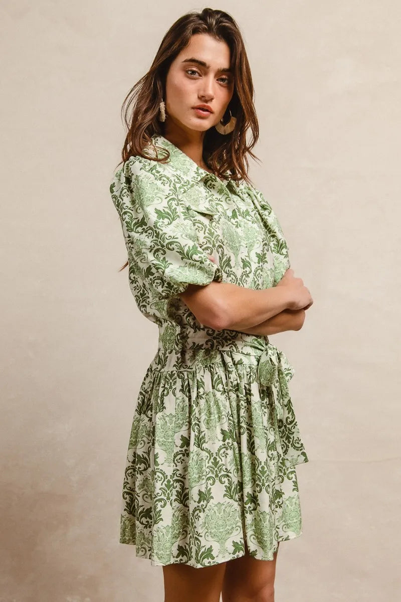 BiBi Mini Shirt Dress Green Cream Floral Bow Tied Belt Short Sleeve 8e56300b0209415083834b985d9d03cc-Max-Origin Trendsi