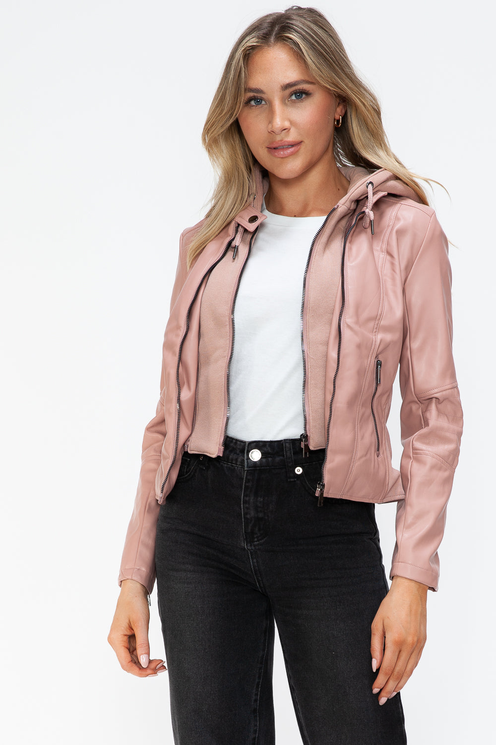 Snobbish Faux Leather Women Jacket Mauve Zip Up Drawstring Hooded