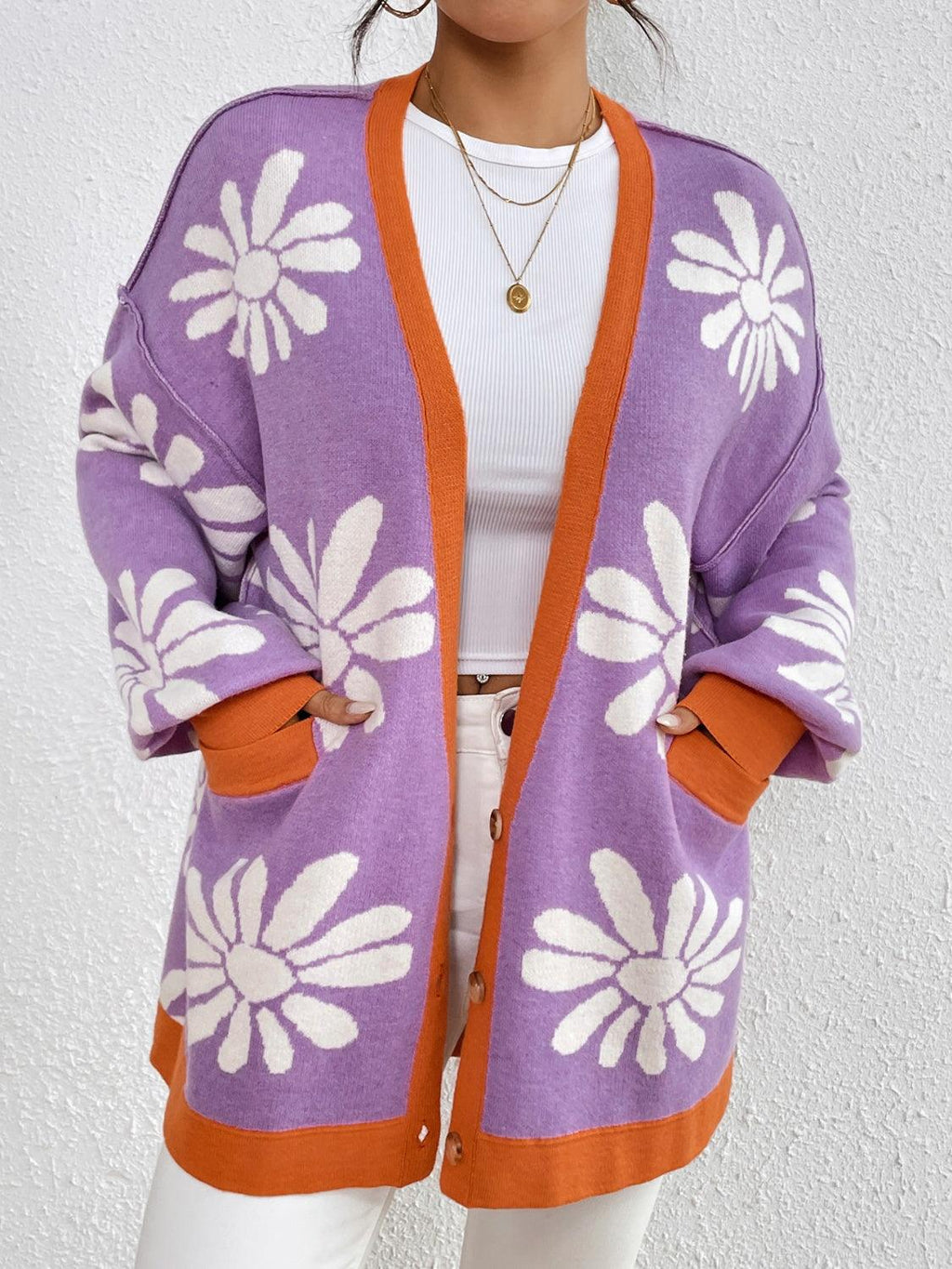 Cardigan Floral Contrast Dropped Shoulder Long Sleeve Knitwear Lavender 8e6d74b3-85f2-4125-a38a-def12a131340-Max Trendsi