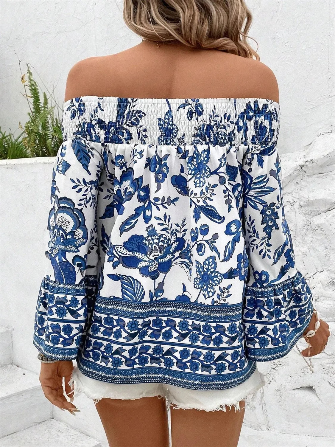 Off-Shoulder Floral Blouse Smocked Printed Navy Blue Top 8e6f5232-7ee5-4e5d-81ed-d06d55da94e6-Max-Origin Trendsi