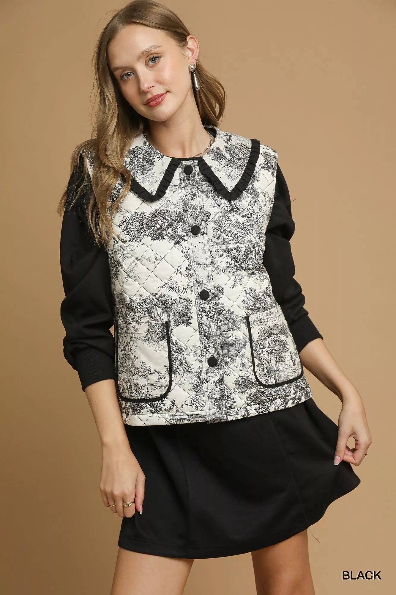 Umgee Womens Quilted Vest Black Toile with Ruffle Collar Outwear 8e713f3e-7de6-4118-adac-6aeea65d8b50-Max-Origin Trendsi