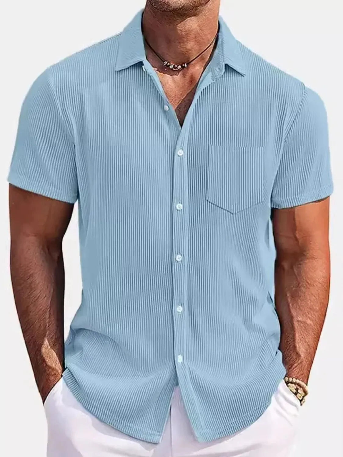 Men's Corduroy Shirt Textured Buttoned Short Sleeve Ribbed Oversized Top S-4XL Light Blue 8e74dc7d-8384-4cde-9c05-4606c2c6919d-Max-Origin Trendsi