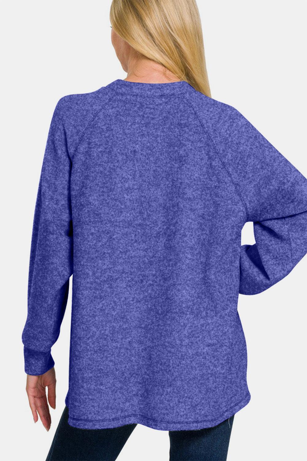 Zenana Sweater Women Blue Melange Brushed Hacci Basic Pullover