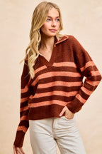 BiBi Womens Striped Sweater Top with Collar Stitched Details 8e7cfcee9c324667ae9731fd0423c859-Max-Origin Trendsi