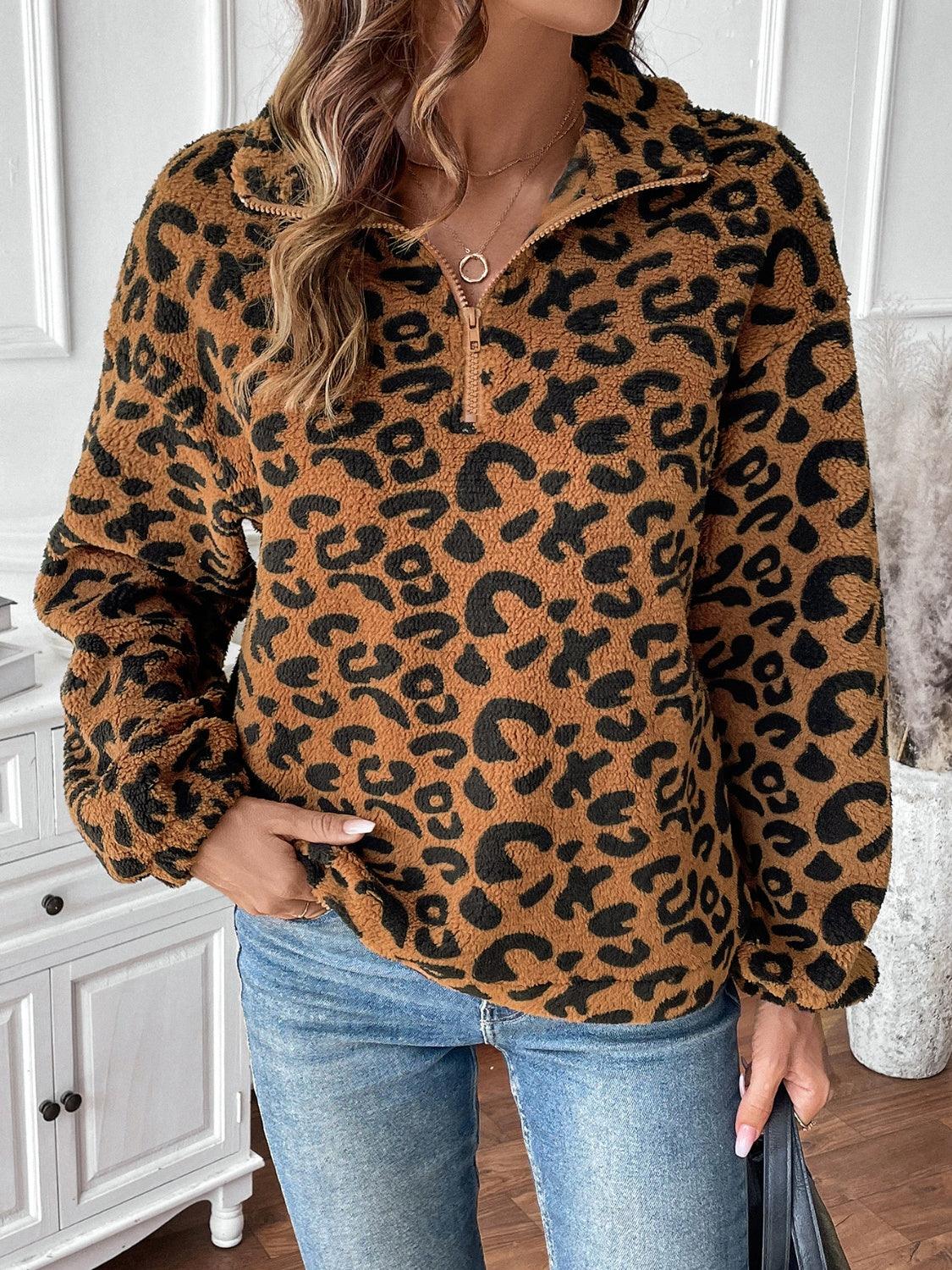 Leopard Sweatshirt Half Zip Collared Teddy Long Sleeve Top Brown