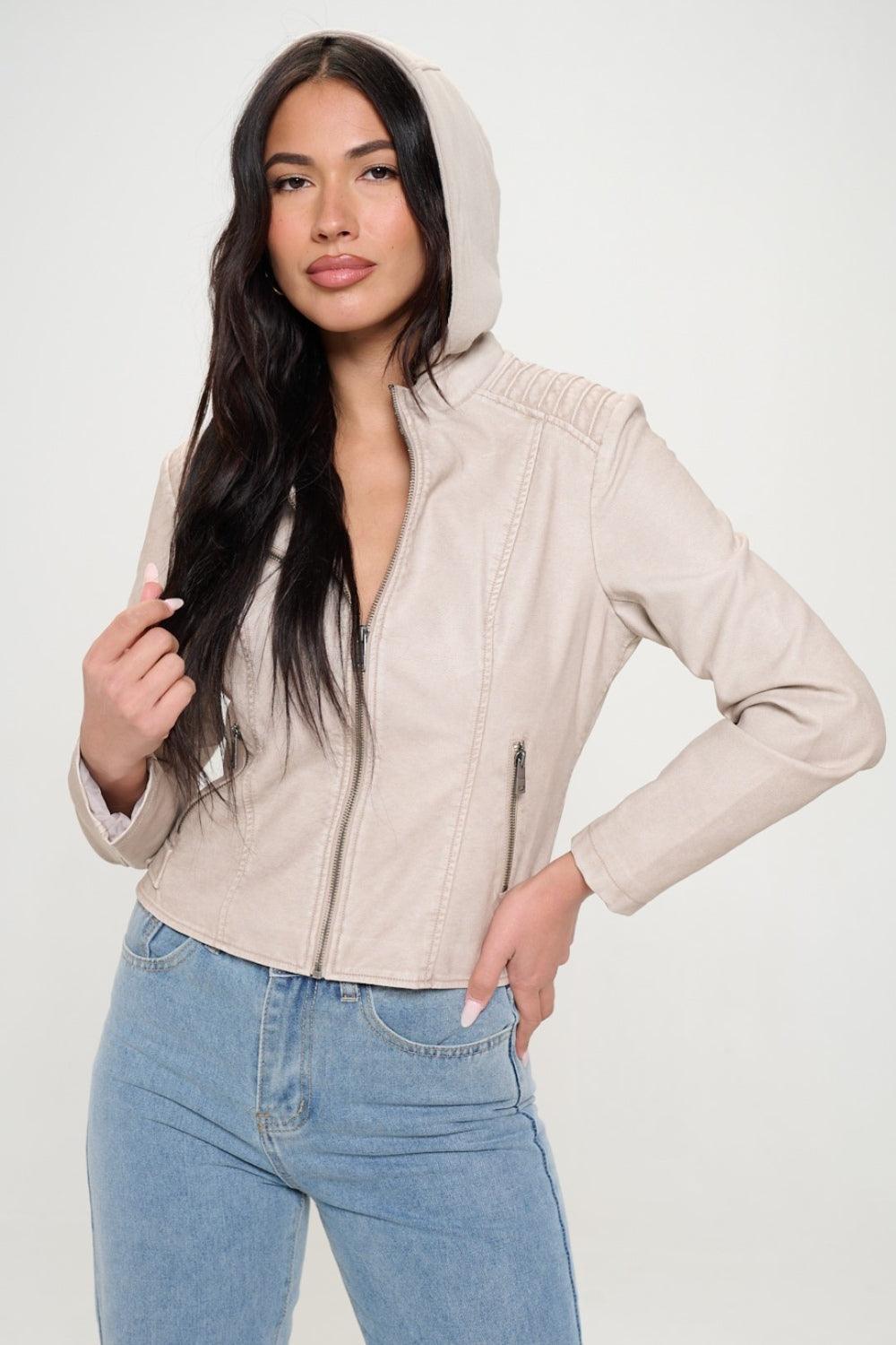 Coalition LA Jacket Vegan Leather Zip Up Hooded Long Sleeve Cream 8e885aeb-2655-40a8-b6b3-908c003179a9-Max Trendsi