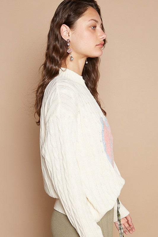 POL Cable-Knit Ivory Sweater Peace Patch Half Zip Mock Neck Long Sleeve 8e897877-2dfd-4669-80e7-6943a338f3df-Max Trendsi